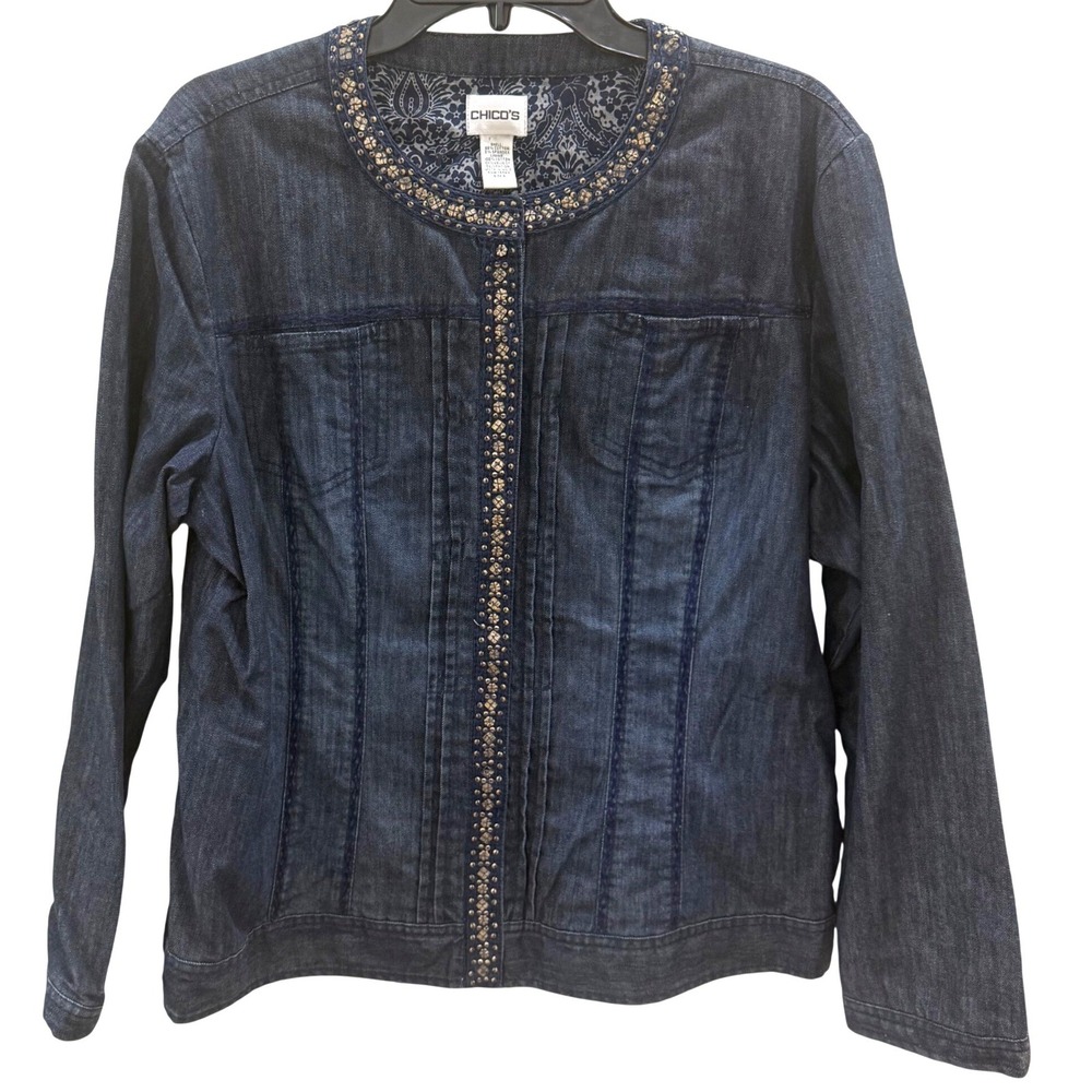 Chico's Size 3 16 18 Denim Jacket Embellished Beaded Trim Boho Cottagecore